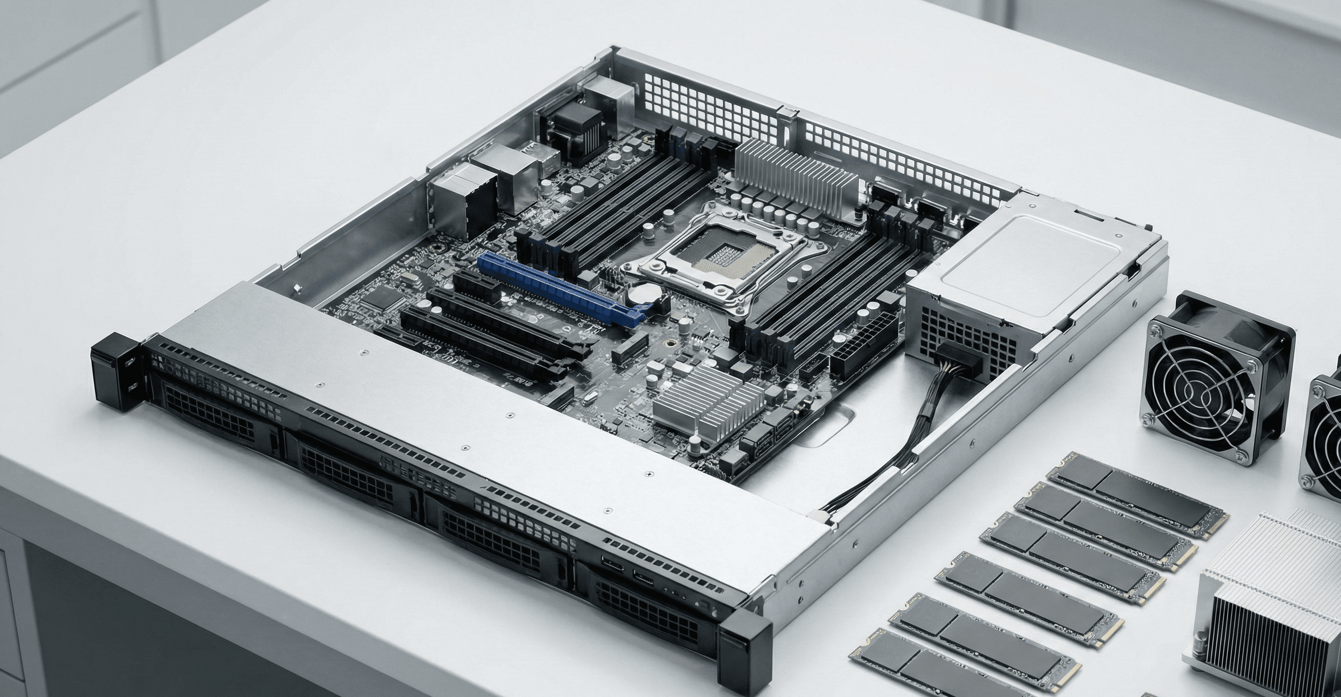 High-performance server internal architecture showing NVMe slots and cooling system - Hydra Hosting Infrastructure